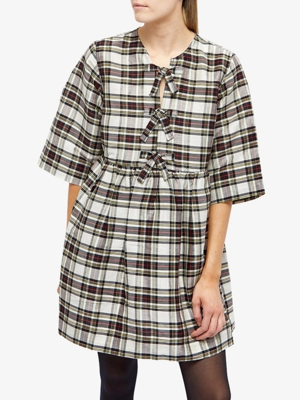 GANNI Silk Linen Check Ribbon Tie-Front Mini Dress Egret Sz 4 Cottagecore Chic